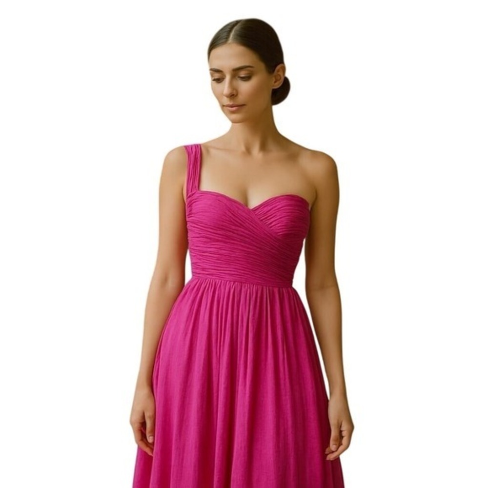 NWT Aspeed Hot Pink Ruched One-Shoulder Formal Evening Gown Maxi Prom Dress M